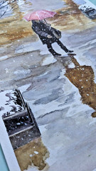 Autumn Watercolor Painting Woman with Umbrella Reflection in Rain Puddle Art
