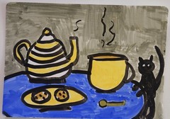 Cookies Tea And Kitty Abstract Expressionist Original Watercolor Painting ACEO