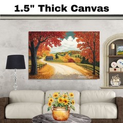 Curving Autumn Road with Blue Cabin Print Flat Rolled, Framed or Wrapped Canvas