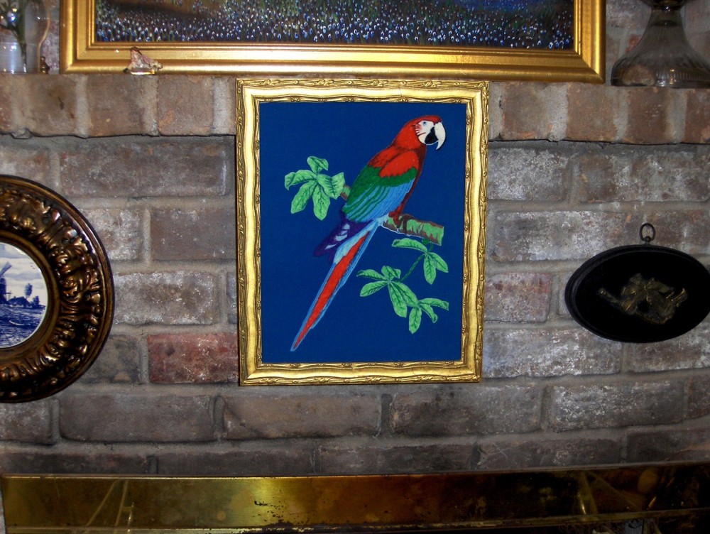 Lovely Bird Tree Branch Oil on Green Velvet Original Hand made Painting Framed