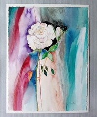 MARION STEEN SIGNED WATERCOLOR PAINTING WHITE ROSE FLOWER CONTEMPORARY ART