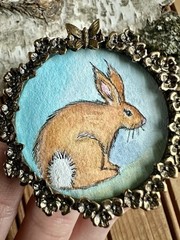 Original Art Watercolor Painting Small Pewter Frame Bunny Rabbit Illustration