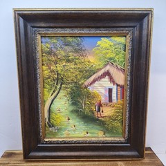 Original Framed Canvas Painting Village Landscape Scene Artist Signed 08