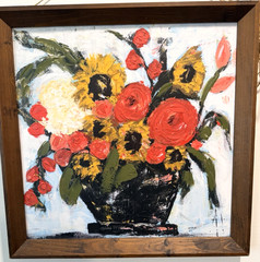 Signed Amanda Hilburn Floral Acrylic Painting Sunflowers Red Roses