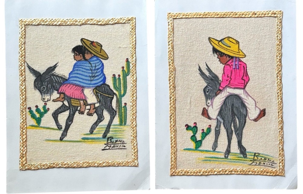 Vintage 2 Mexican Folk Art Burlap Signed Paintings Children Donkey Cactus 12×10