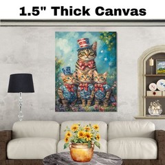 Patriotic Bengal Cat Family Canvas Wall Art with Kittens in Top Hats