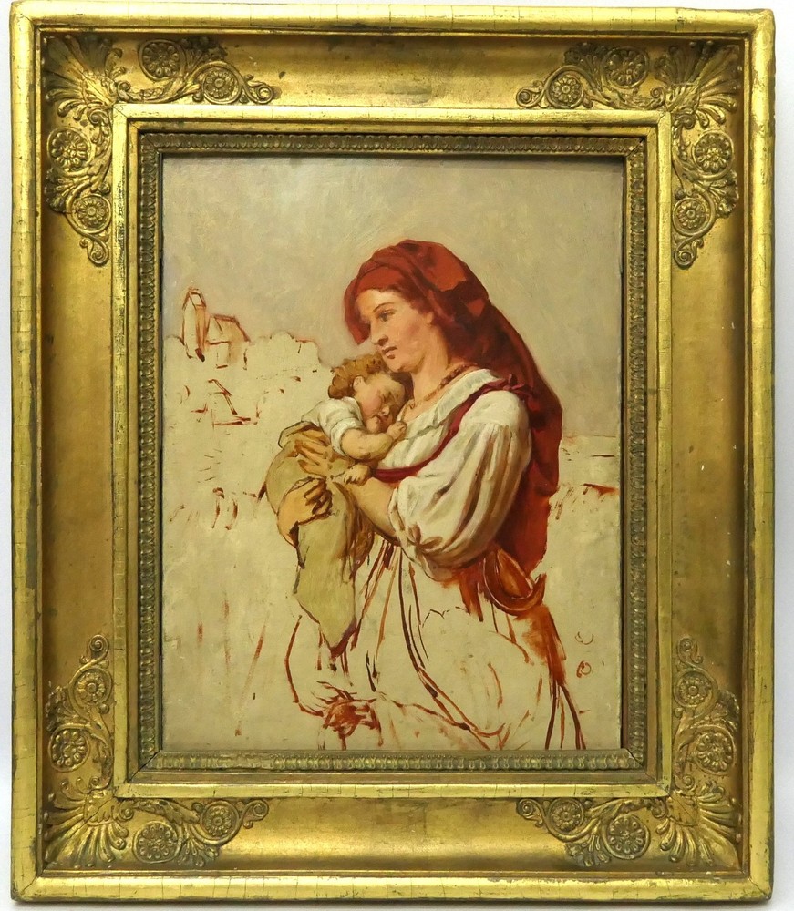 Mother with Child, Oil on Wood, Study, Italy Mid 19th century 30.0cm x 22.5cm
