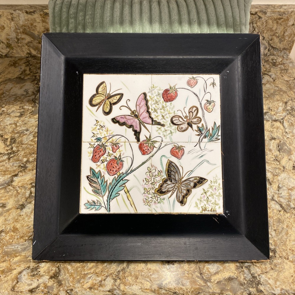 Aida Whedon Mid Century Hand Painted Tile Butterfly Strawberry Field Wood Frame