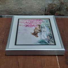 Watercolor Painting Art Print Moose in Water Pink Flower Signed MarLynk