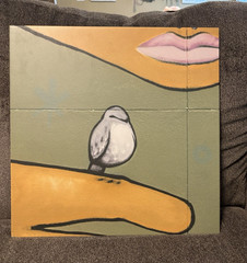 Square Ceramic Tile Abstract Contemporary pop-art style painting ft a bird/ lips