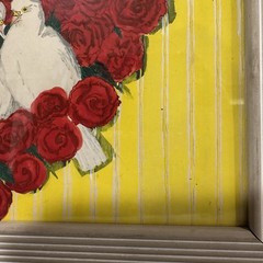 Vtg ORIGINAL Watercolor Painting White DOVES LOVE Red Roses Heart MCM Frame 8×10