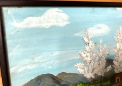 Authentic/Original Signed Painting Mountains Maine Homestead w/ Wood Easel 8×10