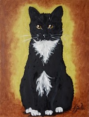 Black and White Cat Painting Tuxedo Cat Green Eyes Oil Art 12 x 9 Animal Art