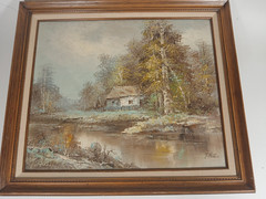 T. Azeen Signed original Oil On Canvas Framed 30″x27″ landscape house on stream