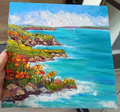 Seascape Original Painting Oil Canvas Board 30x30cm Seaside Impasto Art Signed
