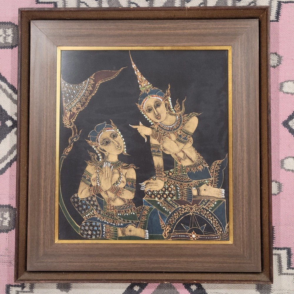 Vintage Balinese Painting on Silk MCM Musicians Framed 22 x 23 in