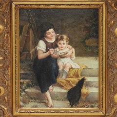FINE! P. McMahon European Mother Feeding Child & Grazing Chicken O/B Painting