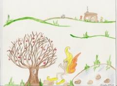 Elf Watercolor Print-Strollin‘ to the Apple Tree – 8 1/2″ x 11″ Print