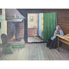 1935 Signed Oil Painting Scandinavian Interior Scene Framed 30×22.5