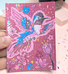 ACEO ORIGINAL Hummingbird & Flowers Acrylic Bird Painting HOLOGRAPHIC OOAK