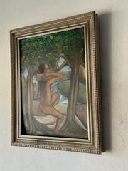VINTAGE CUBISM LANDSCAPE OIL PAINTING OLD MODERN TROPICAL ISLAND WOMAN 1950s