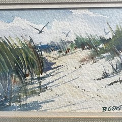Signed Bernard Gerstner Small Original Painting of Sand Dunes, Dune Grass Birds