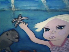 Beautiful Old Florida Inspired Painting Girl Underwater Manatee Sea Life Surreal
