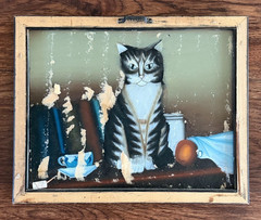 Vintage Reverse Painted Glass Cat Still Life Folk Art Framed Tole Style Picture
