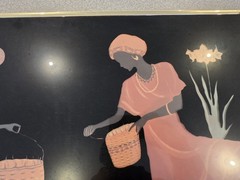 Folk Art Framed Glass Painting of Women with Baskets and Flowers