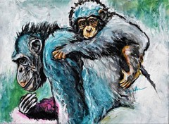 Blue Chimpanzees on Canvas – Paris Collection – African Ape Animal Art 12X18