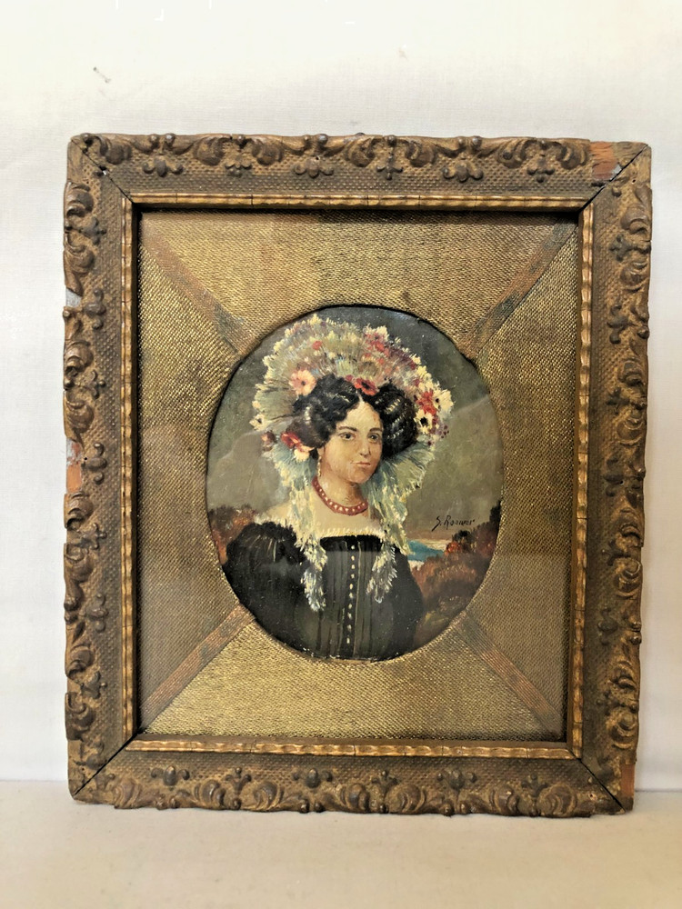 Antique Hand Painted and Signed Women’s Portrait in Original Frame.