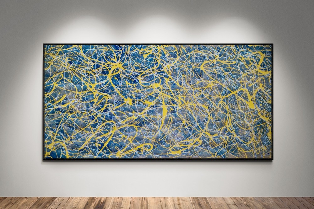XXL Jackson Pollock Style Blue & Yellow Abstract Art Textured Painting 59×30 in