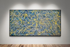 XXL Jackson Pollock Style Blue & Yellow Abstract Art Textured Painting 59×30 in