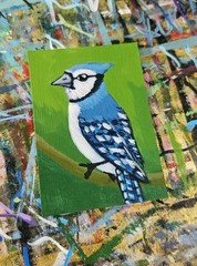 ACEO Blue Jay Mini Painting Original Blue Bird Acrylic Artwork Signed Art