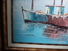 Original KESWICK Oil Painting Fishing Boats in Harbor PINK SKY Calm Nautical MCM