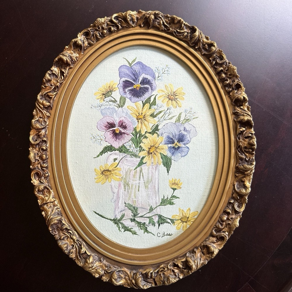 VTG Antique Gold Oval Framed 9 x 12 Oil Painting Purple Pansies Daisies Signed