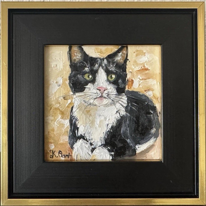 ORIGINAL OIL PAINTING TUXEDO CAT PORTRAIT SIGNED FRAMED 4×4