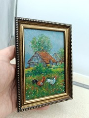 Rooster Original Oil Painting 4×6 Framed Signed Farmhouse Chicken Landscape Art