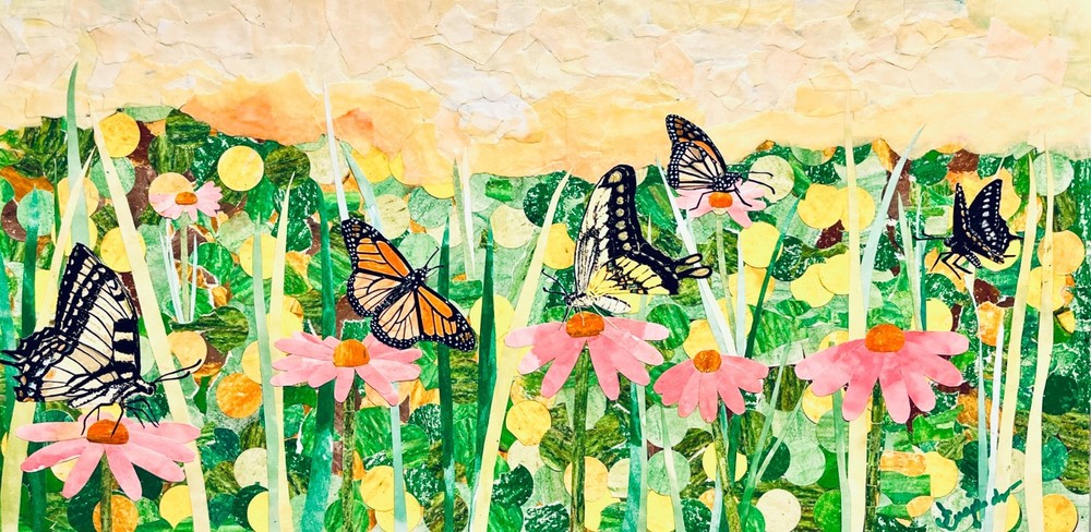Guajardo Art: Butterflies Flourishing in the Light 12X24 Original Torn Collage