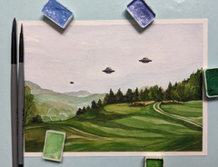 Original UFO Watercolor Painting 5×7, Sci-Fi Landscape Art, Flying Saucer