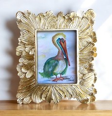 Colorful Pelican bird watercolor print in mini gold vintage style ornate frame