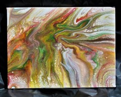 Original Unique Red, Green, Yellow & Brown Pour Painting 6×8 inch canvas panel
