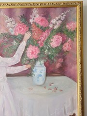 Original Oil Painting Woman Arranging Flowers Still Life Framed Signed 1994