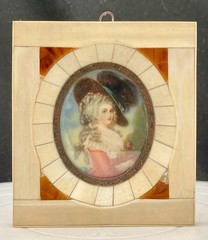 ANTIQUE FRENCH MINIATURE DUCHESS OF DEVONSHIRE PORTRAIT PAINTING, c1910, g