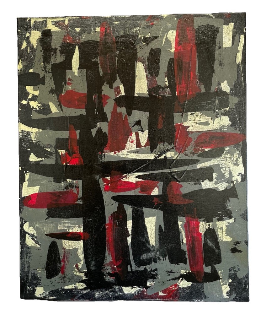 NEW! Abstract Art 16” x 20” Red Black Gray White Acrylic