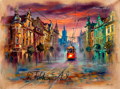 Digital Art Painting Cityscape Houses Trees Old Tram People Wallpaper Desktop