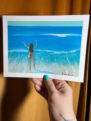 original oil painting female figure bikini thong swimming beach