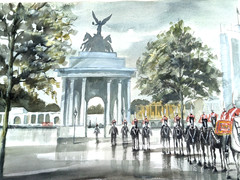 George Rennie Life Guards at Wellington Arch Watercolor Original Painting -.