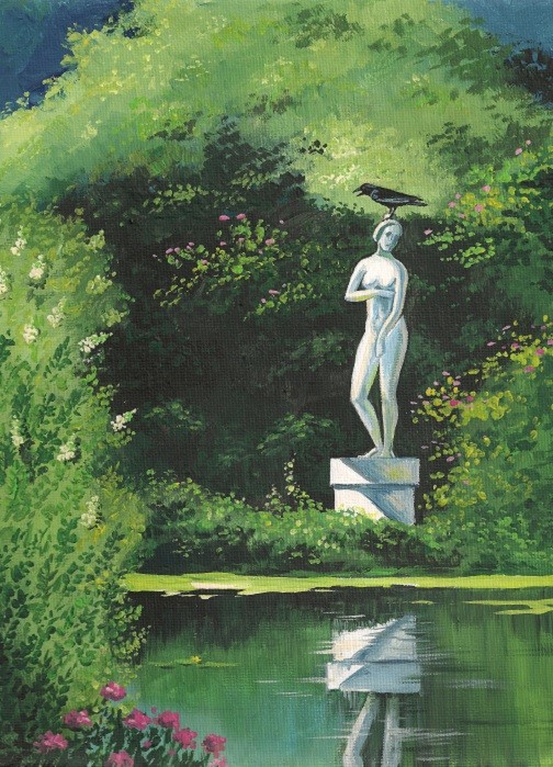 ACEO PRINT OF PAINTING RYTA RAVEN CROW STATUE LANDSCAPE SPRING Lake Flowers Art