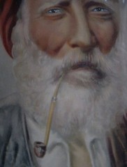 Bearded Old Man Smoking Long Pipe Antique Oval Frame